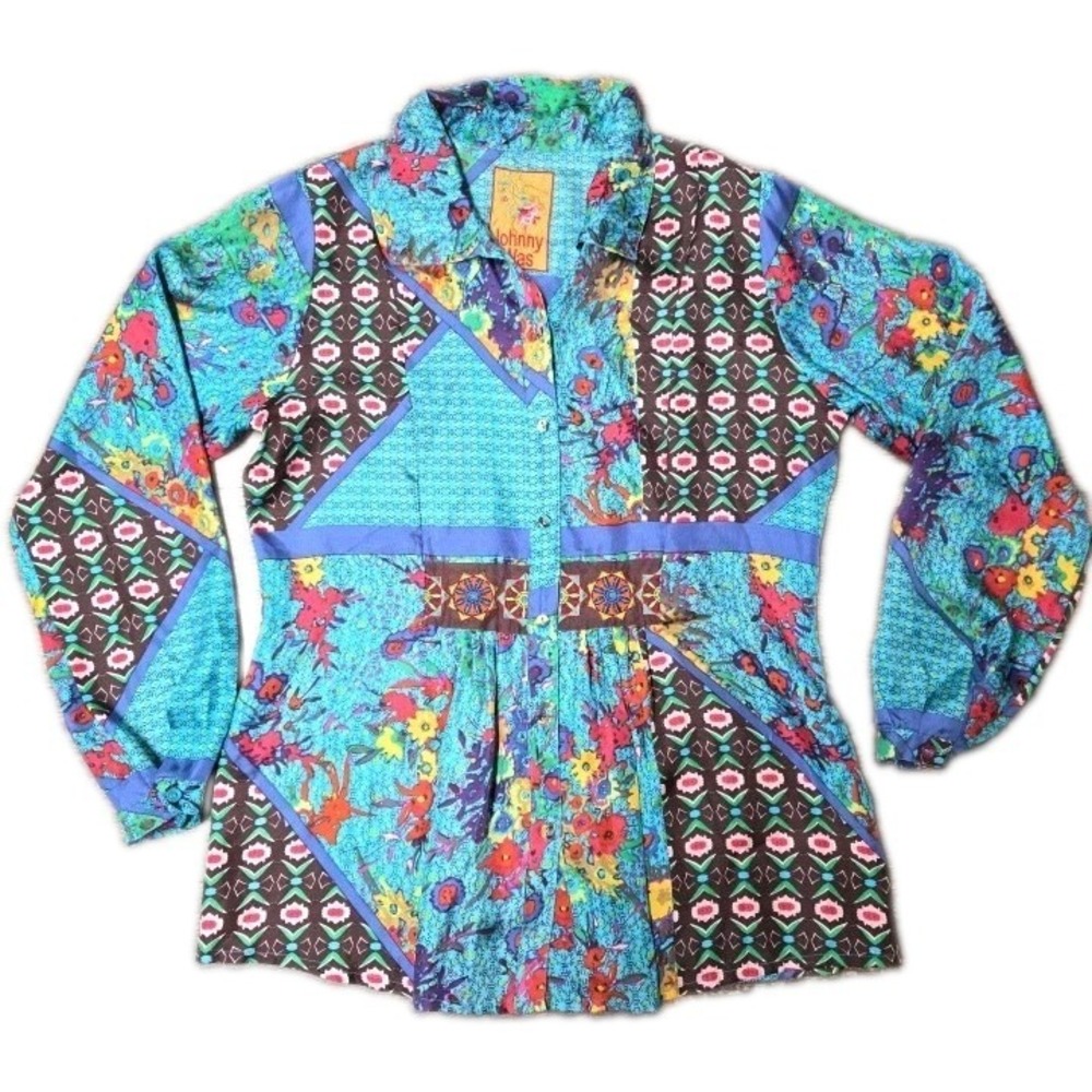 Johnny Was 100% Silk Tunic Top Size S Vibrant Boho Vibes Embroidered Accents